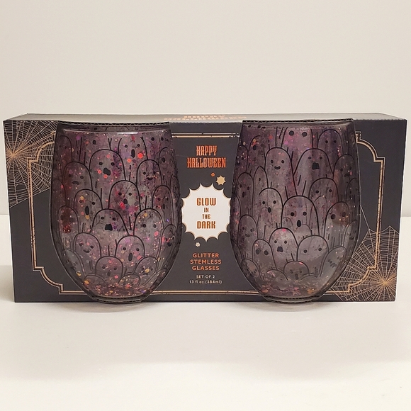 Happy Halloween Ghost Glow in the Dark Glitter Stemless Glasses Set of Two NEW - Picture 1 of 3